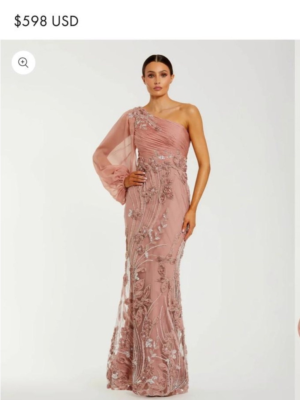 One-Shoulder Dusty Rose Evening Gown with Embellished Sleeve